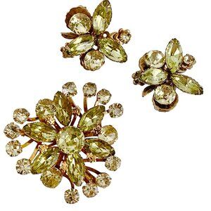 VTG Green Rhinestone Atomic Brooch Earrings Demi-Parure, Prong Set Uranium Glass